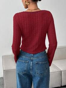 SHEIN Essnce Women Burgundy Red Front Tie Long Sleeve T-Shirt,Elegant Autumn Casual Tops,Seksi Chic Night Out Y2k Style,Fashionable Crochet Textured Winter Clothes - Burgundy - View 4