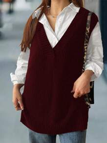 EMERY ROSE Áo len dệt kim đơn giản không tay màu trơn cỡ lớn, mặc thường ngày, cho Lễ Tạ ơn - Màu Đỏ Sâu - Xem 4