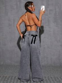 SHEIN EZwear Women's Loose Pocket Bowknot Decor Wide Leg Casual Jeans Pants