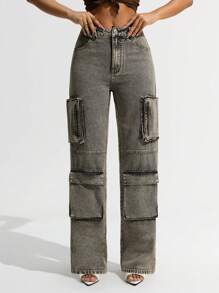 SHEIN ICON Jeans rectos holgados y casuales de mujer, estilo grunge desgastado y desgarrado - Gris - Ver 2