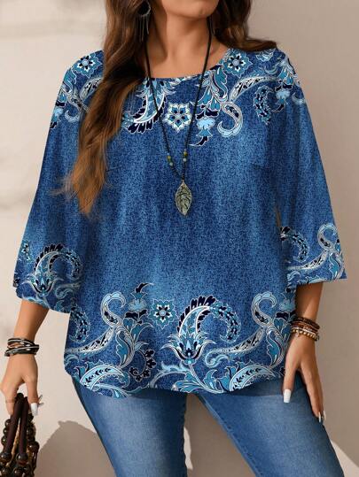 Mellowie Blusa de talla grande para mujer con estampado floral retro, ajuste relajado, cuello redondo y mangas 3/4