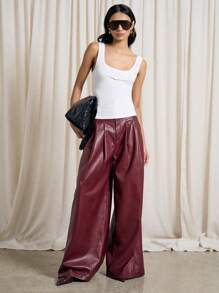 AiiRZ PU 飘逸褶皱阔腿裤 - 紅色 - 查看 5