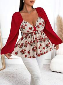 Flirla Damen Große Größen elegante Schleifen-Puff-Ärmel Taille Hoch A-Linie Shirt, süß & niedlich, Herbst/Winter Peplum Top - Verschiedenfarbig - Übersicht 1