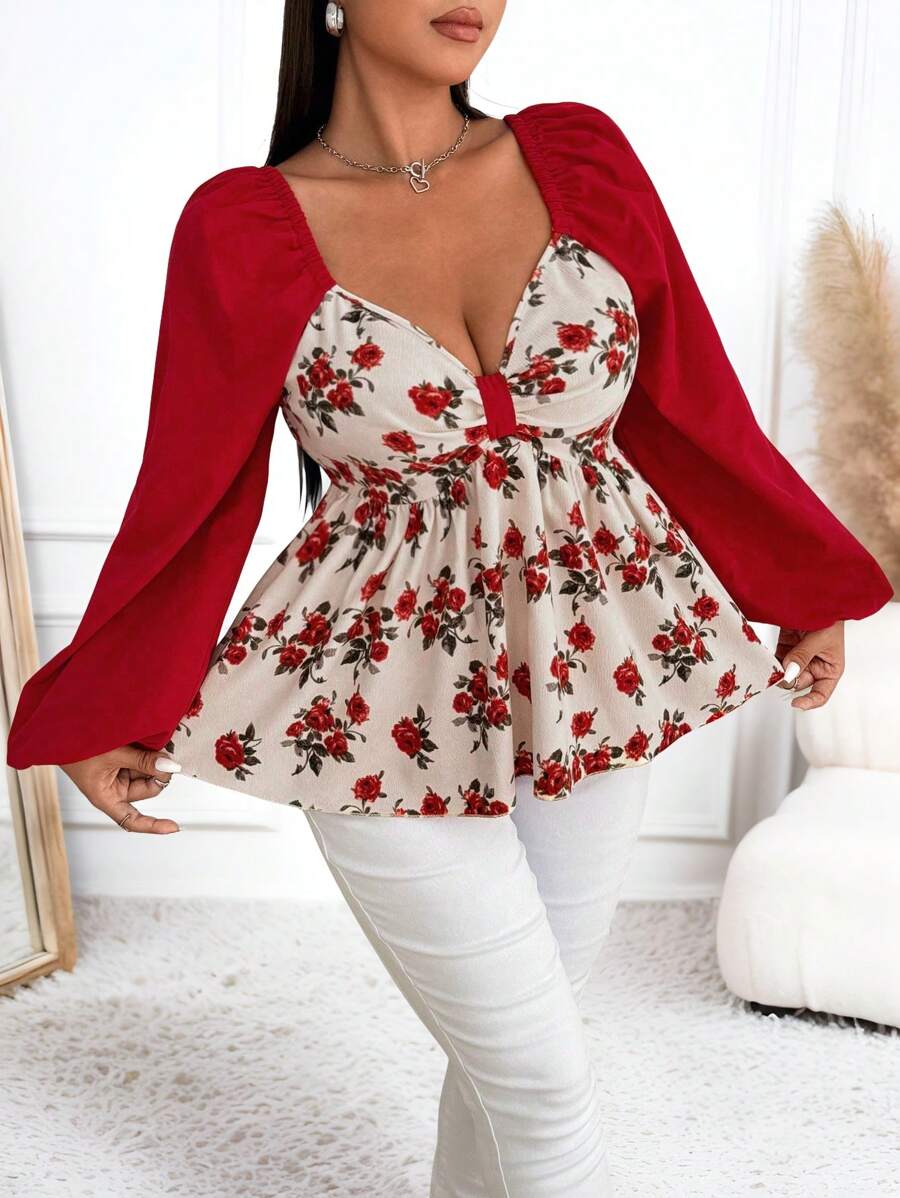 Flirla Damen Große Größen elegante Schleifen-Puff-Ärmel Taille Hoch A-Linie Shirt, süß & niedlich, Herbst/Winter Peplum Top - Verschiedenfarbig - Übersicht 1
