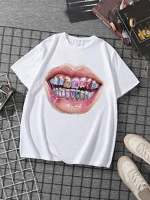 Áo thun nam cổ tròn tay ngắn in hình môi, thường ngày, mùa hè - trắng - Xem 5