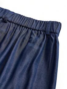 SHEIN Unity 寬鬆彈性腰囗牛仔寬褲，適合加大尺碼穿著，褲型帶有牛仔布紋效果 - 藏蓝色 - 查看 4