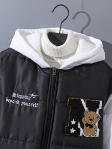 SHEIN 青少年男孩休闲校园字母印花图案保暖衬里缝制徽章拼接袖连帽加厚编织冬季外套，绗缝外套 - 黑與白 - 查看 8