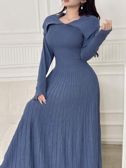 Feyla 秋冬女士纯色翻领长袖休闲长款毛衣连衣裙