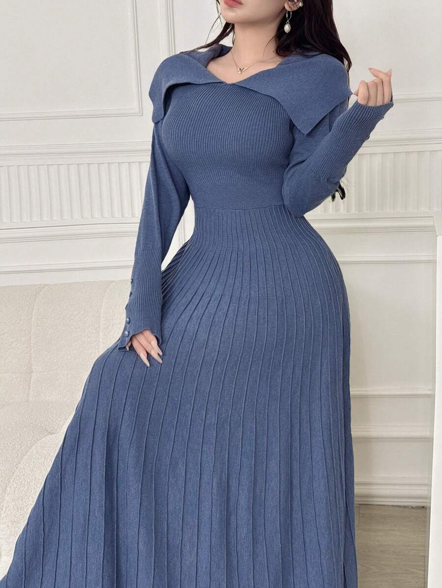 Feyla Women's Solid Color Lapel Long Sleeve Casual Long Sweater Dress In Fall/Winter - Blue - View 1