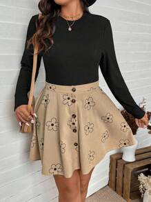 SHEIN LUNE Bộ 2 chiếc/Bộ áo thun dài tay bó sát bằng vải có họa tiết & váy xòe ôm sát, giản dị & đa năng, cỡ lớn, trang phục boho cowgirl lễ hội old money phong cách bohemian phương Tây dành cho phụ nữ hippie mùa hè boho old money trang phục mùa hè dành cho phụ nữ trang phục lễ hội rave nghỉ xuân trang phục nghỉ xuân - màu đen - Xem 4