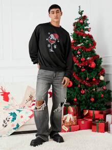 Manfinity VCAY Knitted Loose Fit Round Neck Christmas Pattern Print Drop Shoulder Long Sleeve Sweatshirt, Christmas Going Out Crew Neck Black Graphic Sweatshirt, For Friends, Husband, Boyfriend Gifts, For Fall Winter - Black - View 4