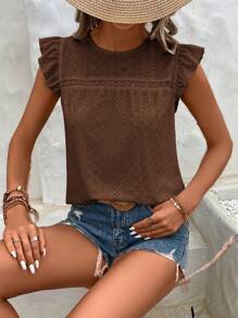 SHEIN Frenchy Eyelet Embroidery Ruffle Trim Round Neck Lace Trimmed Tee Summer Brown - Coffee Brown - View 4