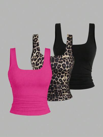 Sweetra Women Square Neck Pleated Fashionable Slim Fit Camisole Graphic Cheetah Print Tees Women Tops