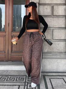 Calvaya Women's Plus Size Leopard Print Patchwork Solid Color Loose Fit Pants Fall Cloth For Women - Black - View 1