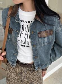 DAZY 女士纯色拼接前扣长袖口袋简约牛仔夹克 - 藍色 - 查看 3