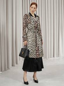 Aveloria Modichic Retro Leopard Print Canvas Belt Double-Breasted Design Fashionable Mid-Length Trench Coat, Autumn/Winter Fall Cloth For Women - Multicolor - View 5