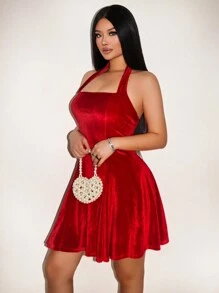 Zolique Solid Color Halter Backless Pleated Elegant Sleeveless Dress For New Year Clothes - Red - View 5