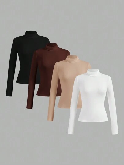 SHEIN Essnce 4pcs/Set Plain Color All-Match Crew Neck Long Sleeve T-Shirts For Women, Casual & Versatile, Spring Autumn, Winter Top