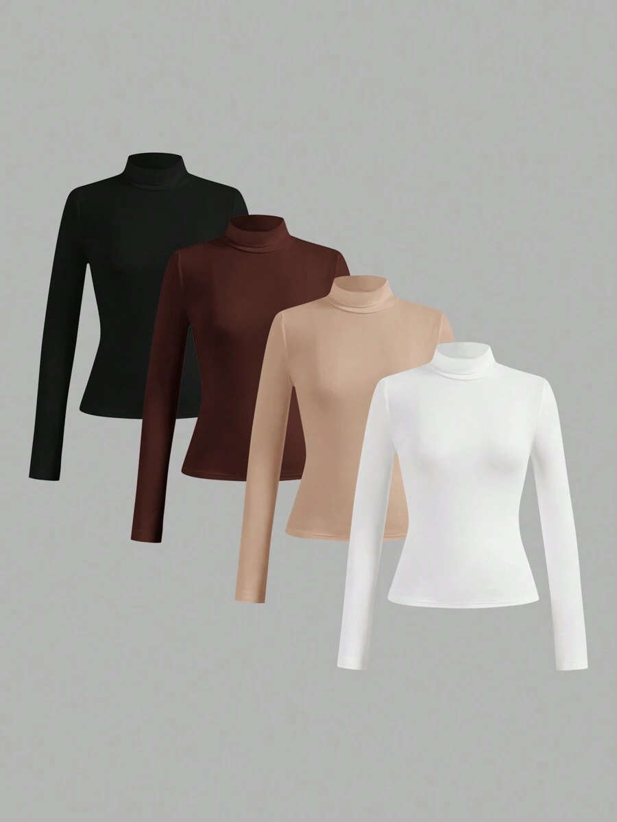 SHEIN Essnce Bộ 4 áo thun trơn cổ tròn tay dài phù hợp cho nữ, thường ngày & đa năng, mùa xuân thu, mùa đông - Nhiều màu - Xem 1