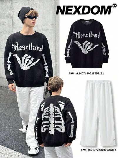 SHEIN 1 pieza Suéter holgado de cuello redondo, cálido y versátil con estampado de calavera y letras en estilo callejero de Halloween para adolescentes, ideal para volver al colegio, otoño e invierno
