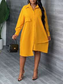Slaydiva Vestido camisero mini asimétrico elegante de corte evasé de talla grande en color amarillo para Año Nuevo 2024. Adecuado para primavera y otoño, para uso diario, fiestas y citas.