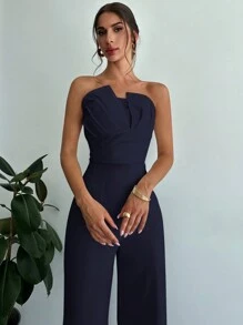 Firerie 女士优雅不对称紧身抹胸上衣和高腰仿骨直筒裤 - 藏蓝色 - 查看 4