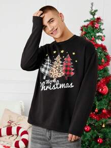 Mainfolk Unisex Knitted Loose Fit Crew Neck Sweatshirt With Christmas Tree Print, Suitable For Christmas - Black - View 2