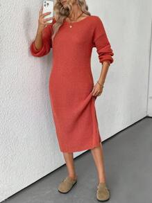 SHEIN LUNE 女士圆领珍珠装饰长裙毛衣，厚实，温暖，时尚，百搭，优雅，橙色 - 橘色 - 查看 5