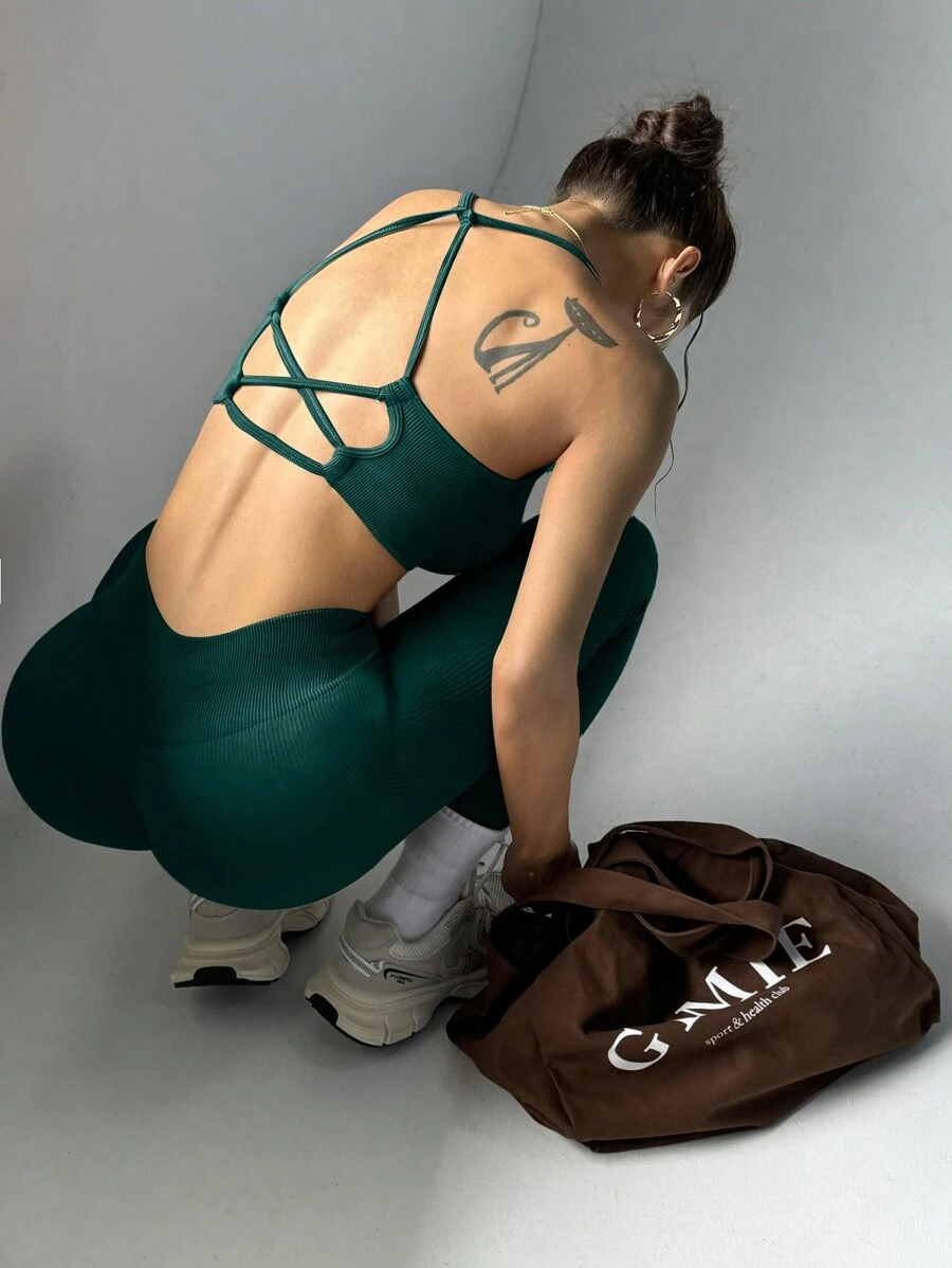 Easithlete Women's Solid Color Wide Strap Simple Top And Long Pants Casual Sports Suit Workout Women Set Women Leggings Set - Dark Green - View 1