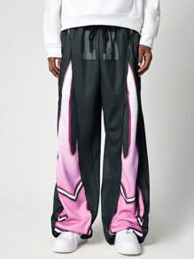 ROMWE MEN Street Life Men's Casual Colorblock Star Print Zipper Design Drawstring Waist Baggy Sweatpants - Black - View 5