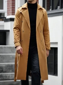 Manfinity Homme 男士休闲翻领双排扣系带长款风衣，适合送给朋友、丈夫、男朋友的礼物 - 卡其色 - 查看 3