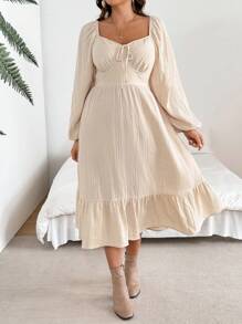 SHEIN VCAY Plus Size Rhinestone V-Neck Front Tie Long Sleeve Casual Dress - Apricot - View 6