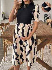 SHEIN Vestido de maternidad casual de mediados de pantorrilla con bloqueo de color, parches, cuello alto y manga corta para lactancia