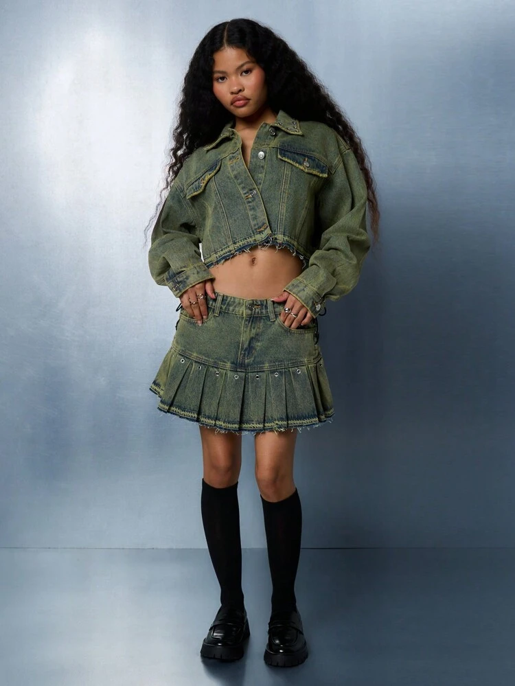 SUMWON WOMEN Pleated Denim Mini Skirt With Grommets And Lace Up