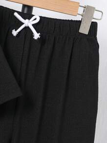 Tween Boy 休闲罗纹面料短袖衬衫和长裤套装，适合通勤、上学、日常休闲、运动、春夏季 - 黑色 - 查看 7