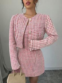 Elenzga 2 件套女士休闲前扣长袖格子上衣和连衣裙套装 - 紅色 - 查看 7