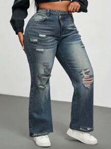 SHEIN EZwear 大码女式不对称腰部口袋破洞休闲牛仔裤