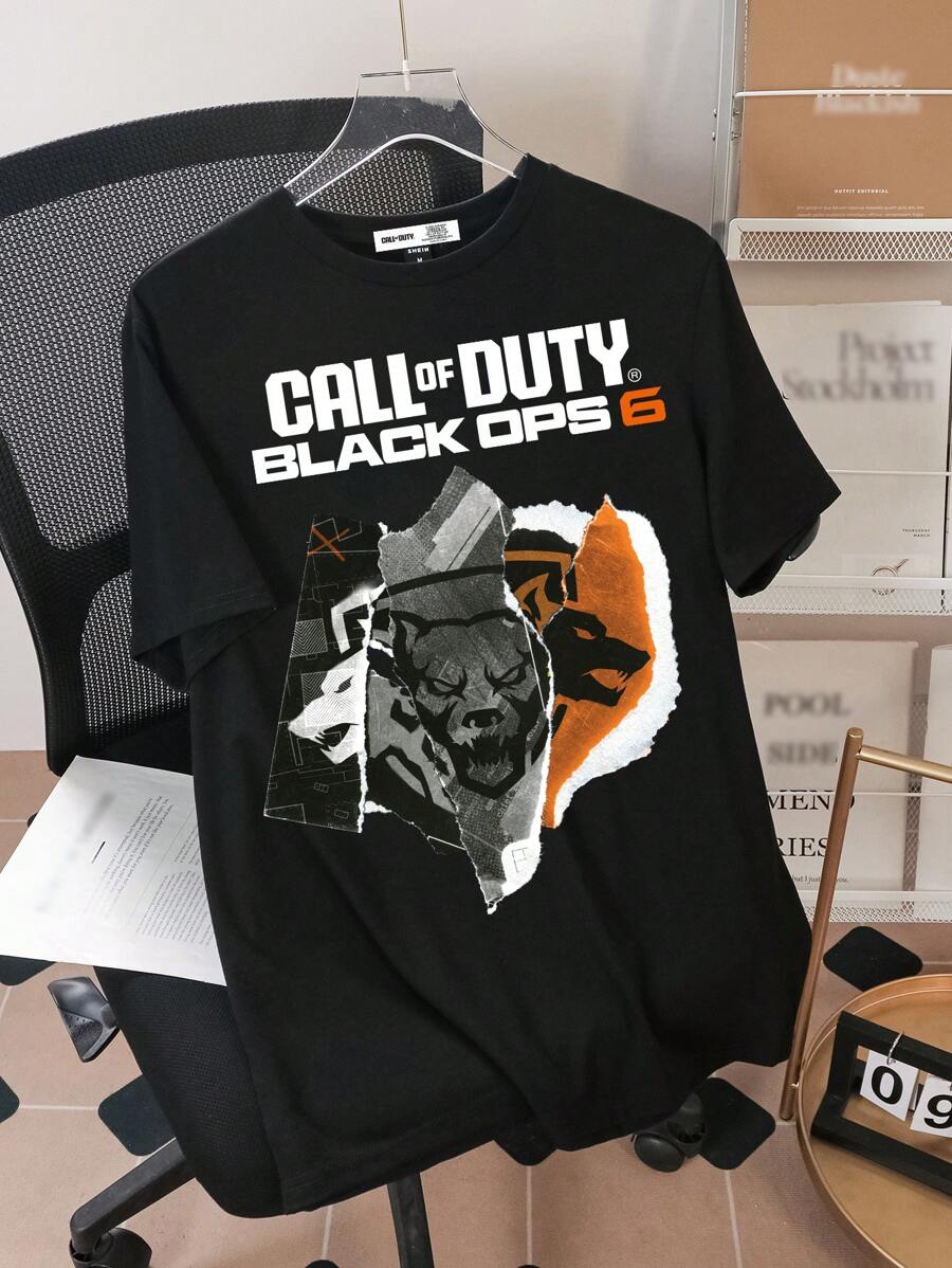 CALL OF DUTY X SHEIN Camiseta de manga corta y cuello redondo con estampado de letras casual de verano para hombre - Negro - Ver 1