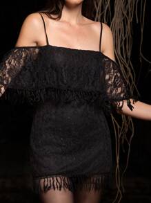 VERO DIAZ Designer Elegant Women's Black Lace Cold Shoulder Suspender Tassel Stitching Sexy Party Mini Dress, Holiday Outfit, Birthday Outfits, Spring, Festival, Wedding, Prom Dress