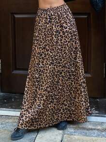 DAZY 女式豹纹松紧腰直筒下摆半身裙猎豹印花秋装