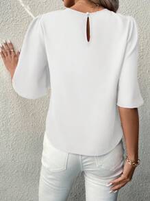 SHEIN LUNE 女士简约圆领短袖纯色休闲上衣，日常穿着 - 白色 - 查看 2