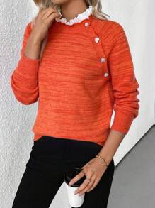 SHEIN LUNE Suéter casual para mujer con cuello redondo, bordado, volantes asimétricos, botones y mezcla de colores, para otoño/invierno