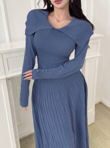 Feyla Women's Solid Color Lapel Long Sleeve Casual Long Sweater Dress In Fall/Winter - Blue - View 2