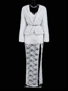 SHEIN ICON Cappotto di pelliccia bianco elegante da donna in stile Y2K per feste, Capodanno e uso casual, con decorazioni in perle finte, manica lunga