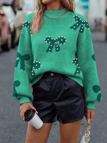 SHEIN LUNE Women's Bow Decor Stand Collar Drop Shoulder Long Sleeve Sweater For Autumn/Winter Knit Pullover Fall Sweater - Green - View 3