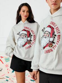 Manfinity Unisex Santa Claus Graphic Loose Drop Shoulder Hooded Sweatshirt, Suitable For Christmas Going Out, Light Grey Long Sleeve Hoodie, For Friends, Husband, Boyfriend Gifts