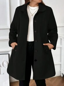 Plus Size Women's Solid Color Long Sleeve Single-Breasted Casual Coat, Autumn/Winter Fall Cloth For Women