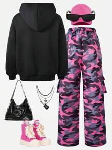 SHEIN Explorewe Tween Girls Cute & Cool Girl Portrait Printed Hoodie With Pink Camouflage Pants, Street Fashion