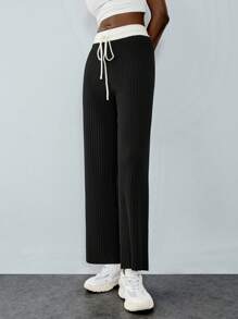 SHEIN Unity 女士简约拼色休闲系带毛衣和裤子套装，秋冬 - 黑色 - 查看 6