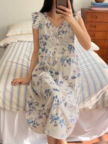 DAZY 女士甜美花卉印花荷叶边下摆睡袍睡裙睡衣